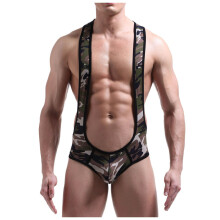 Men's Jockstrap Straps Bodysuit Sexy Mankini Thong Underwear Wrestling Singlet Stretchy One Piece Swimwear Army Green