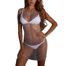 Night Club Stripper Club Women's Sleeveless Mesh Dress Sexy Erotic Rhinestone Transparent Dresses Female Clothing M White