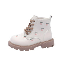 Girls Cherry Print Ankle Combat Boots With Side Zipper And Lace Up Beige Faux Leather Thick Sole Ages 410