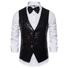 Suit Vest for Men Spring Blazer Vest Shiny Gold Sequins Glitter Decor Night Club Wear Wedding Party Attire Black Size S