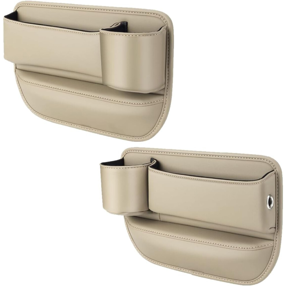 2Pcs Universal Car Seat Gap Filler Organizer With Dual Cup Holders Leather Storage Box For Driver And Passenger Beige 9323874520179