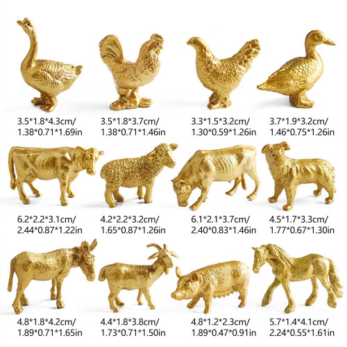 12 Stuks Plastic Gouden Gevogelte Diermodel Kip Eend Paard 2