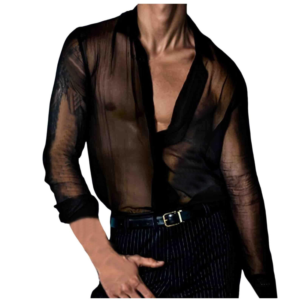 Black Sexy Mesh For Men Transparent Mesh Shirt Long Sleeve Wetlook Fishnet Lightweight Mesh Shirt Size S