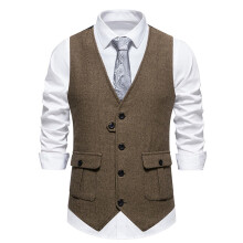 Men's Slim Fit Cotton VNeck Sleeveless Vest Coffee Color 01 Size S 4 Pockets Suit Vest Wedding Party