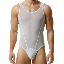 Men's Leotard Bodysuit, Sexy Mesh Breathable Undershirts Wrestling Singlet Fashion Fitness Gay Shapewear XXL White