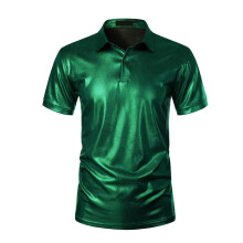 Men's Shiny Short Sleeve Shirt For Party Night Club Cosplay, Casual Business Shirt With Button Placket Lapel, Green XXL