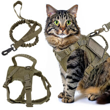Tactical Cat Harness and Leash Adjustable Green with Control Handle and Mesh Padding