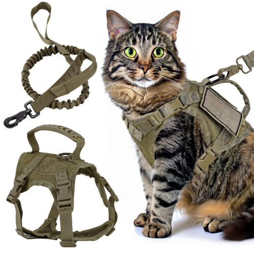 Tactical Cat Harness and Leash Adjustable Green with Control Handle and Mesh Padding