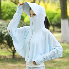 Maglia protettiva solare da donna, tessuto leggero e traspirante, con cappuccio, maniche lunghe e chiusura a zip, materiale ad asciugatura rapida e