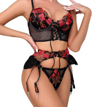 Women's Floral Embroidered Lingerie Set Mesh Garter Belt Styleq01 Red S