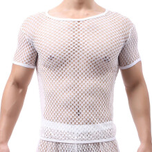 Transparent Men's Mesh Shirt Short Sleeve Clubwear XL White