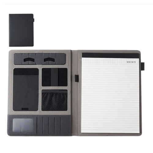 Leather A4 Conference Folder with Zipper Organizer Card Holder (Black) Ref: 4816