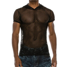 Men's See Through Sleeveless Fishnet Tank Short Hooded Slim Fit Sheer Mesh Club Vest Tops S Black