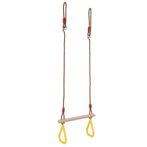 Barra de trapézio de madeira com argolas de ginástica de plástico, corda ajustável para playground interno e balanço externo, resistente e 1