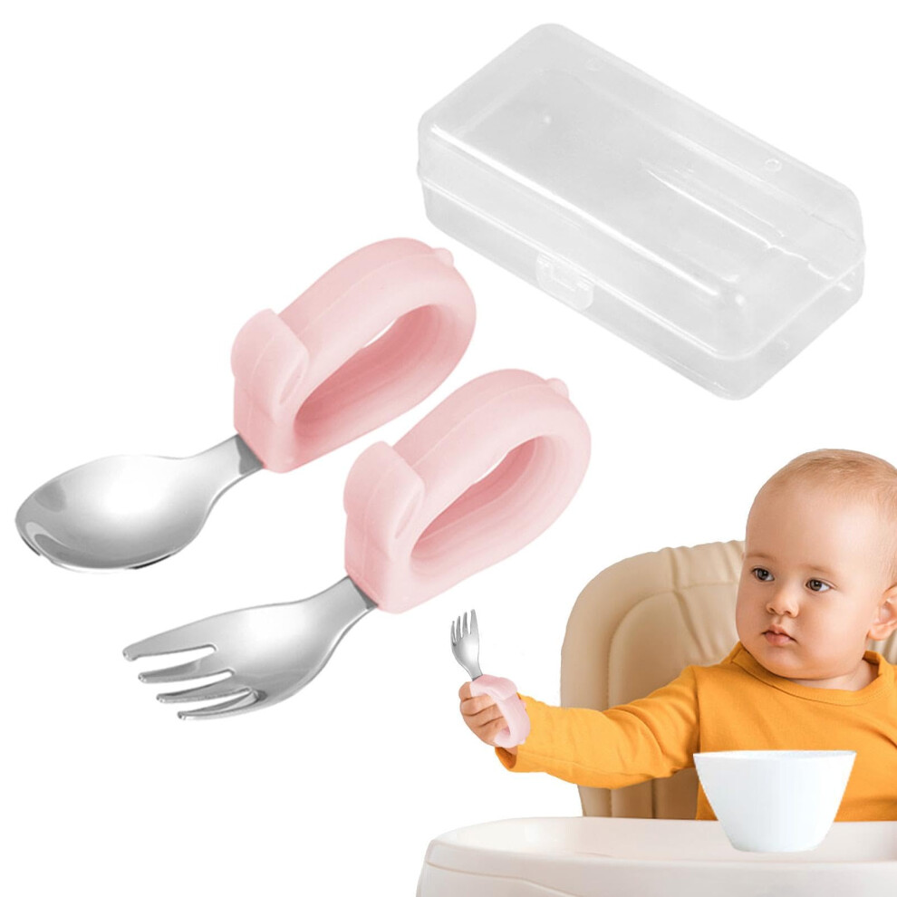 Toddler Utensils With Case Food Grade Stainless Travel Kids Cutlery Set Pink Grasping Training Forks Spoons