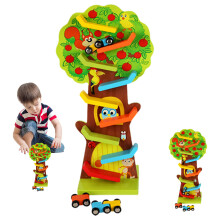 Wooden Ramp Toy for Kids, Squirrel Motion Activity Race Car Set with 3 Cars