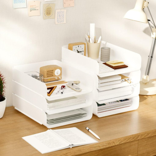 Versatile stacked letter tray, secure buckle and easy stacking, stackable ABS storage box for home, singlelayer file holder, vertical transparent. 2