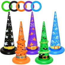 Halloween-Geschenk: Aufblasbares Hexenhut-Ringwurfspiel für drinnen und draußen, 10 bunte Kunststoffringe mit Punktesystem, sicher, ungiftig und