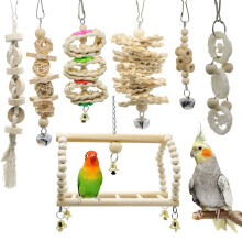 Bird Parrot Swing Chewing Toys, Multi-function Bird Toy Hanging Bell Cage Accessories for Small to Medium Pet Birds, Natural Wood and Loofah Grass Che