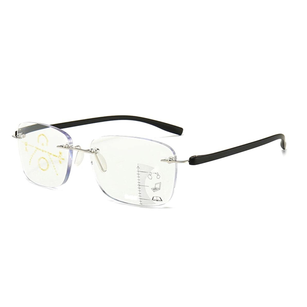 Black Progressive Glasses Rimless Frameless Reading Glasses Metal Tr90 Multifocal 2.00 Diopters