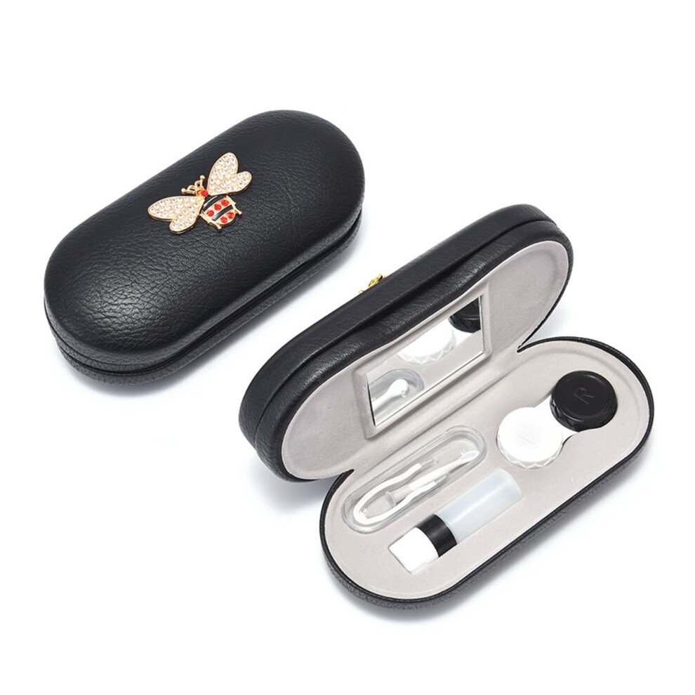 Contact Lens Case  Hard Shell Double Sided Portable with Tool Mirror Leather Box