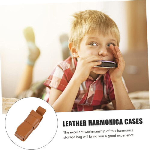 Harmonica case made of leather, harmonica holder, key, blues, harmonica protection, harmonica storage holder, harmonica storage case, brown 1