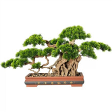 Faux Potted Artificial Bonsai Tree In Square Ceramic Flower Pot, Pine Style, Large (L), Green, Indoor Outdoor Decoration