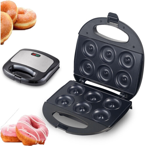 Mini Donut Maker, 750W Pancakes Machine, Nonstick, Makes 6 Doughnuts