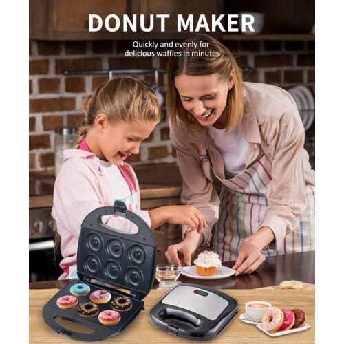 Mini Donut Maker, 750W Pancakes Machine, Nonstick, Makes 6 Doughnuts 1
