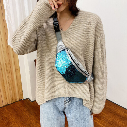 Τσάντα μέσης από τεχνητό δέρμα για γυναίκες και άνδρες, διπλής όψης παγιέτες που 2
