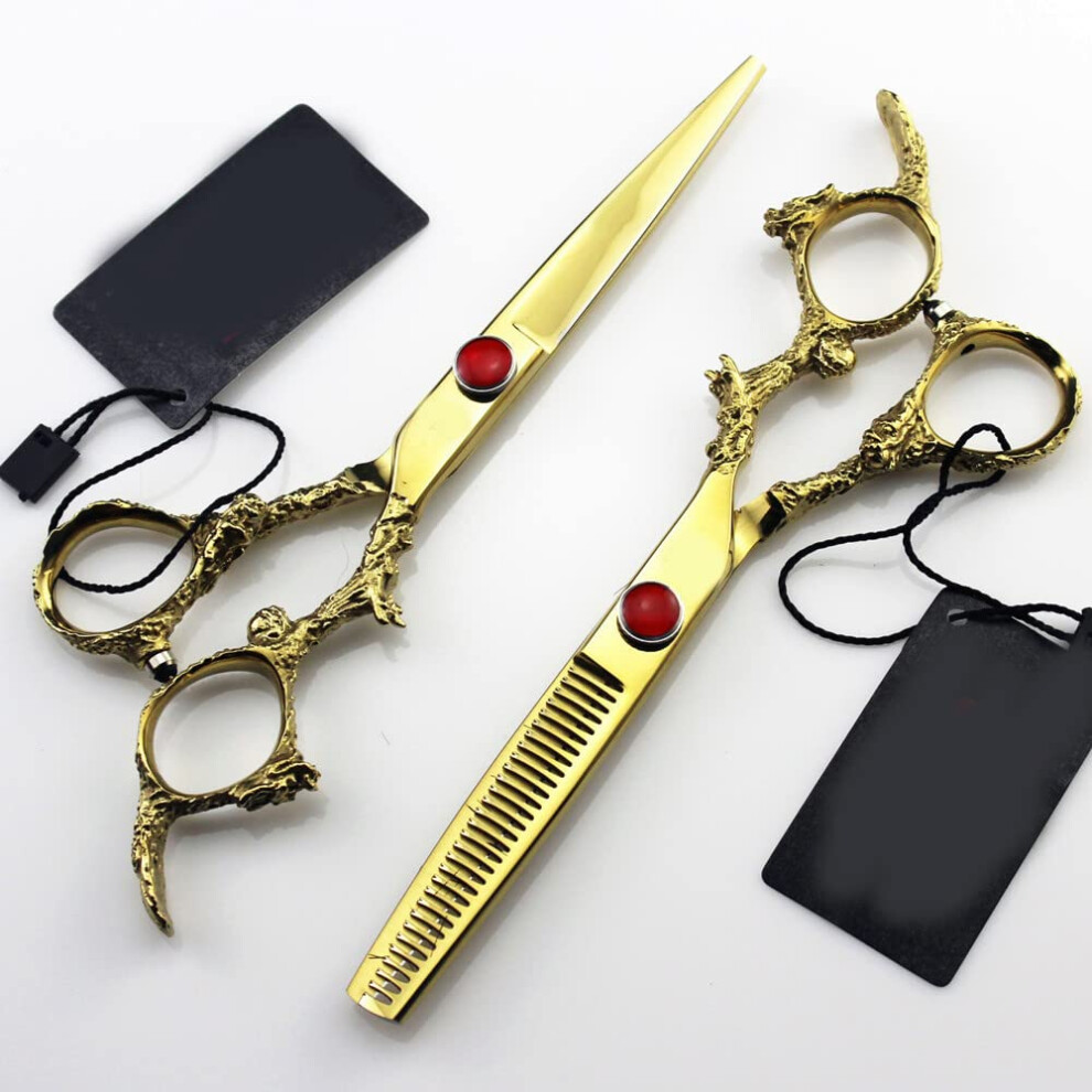 Golden Hairdressing Scissors, 6 Inches, Japanese 440C Steel, Gemstone Dragon Handle, (Color: Set)