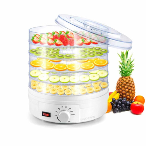 Vegetables Dehydrator 8Level Adjustable 5 Stackable Trays 280x280x320mm Dual Voltage 110V/220V White