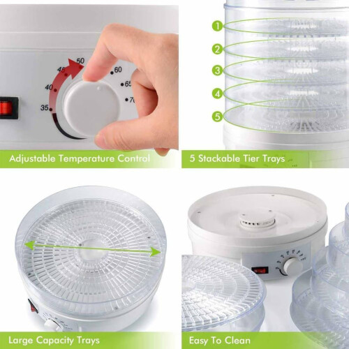 Vegetables Dehydrator 8Level Adjustable 5 Stackable Trays 280x280x320mm Dual Voltage 110V/220V White 1