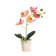Biała sztuczna orchidea Phalaenopsis w ceramicznej doniczce. Jedwabna orchidea, która wygląda jak prawdziwa. Elegancka sztuczna orchidea.