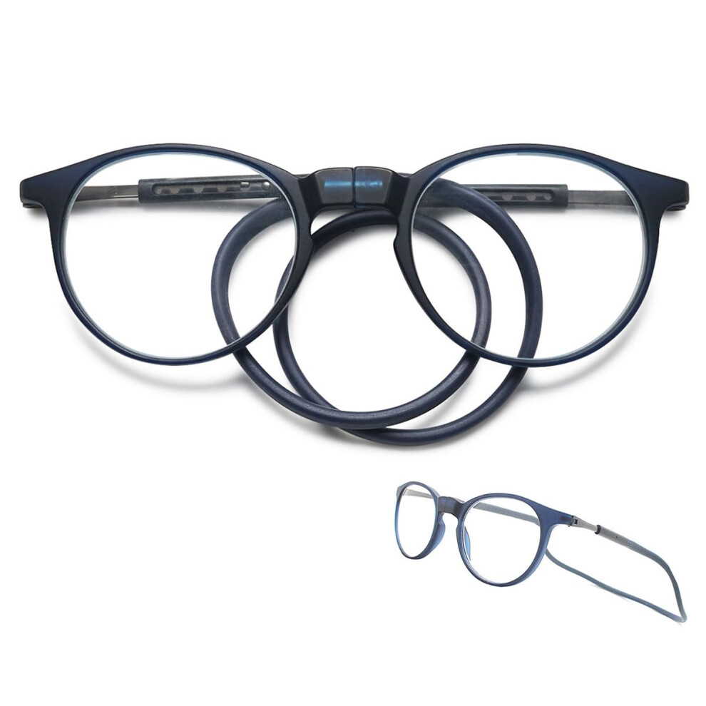 Blue Round Magnetic Reading Glasses With Magnetic Closure Clip, Lightweight Tr90 Foldable For Workplace Â 1 X Lens (2.0)