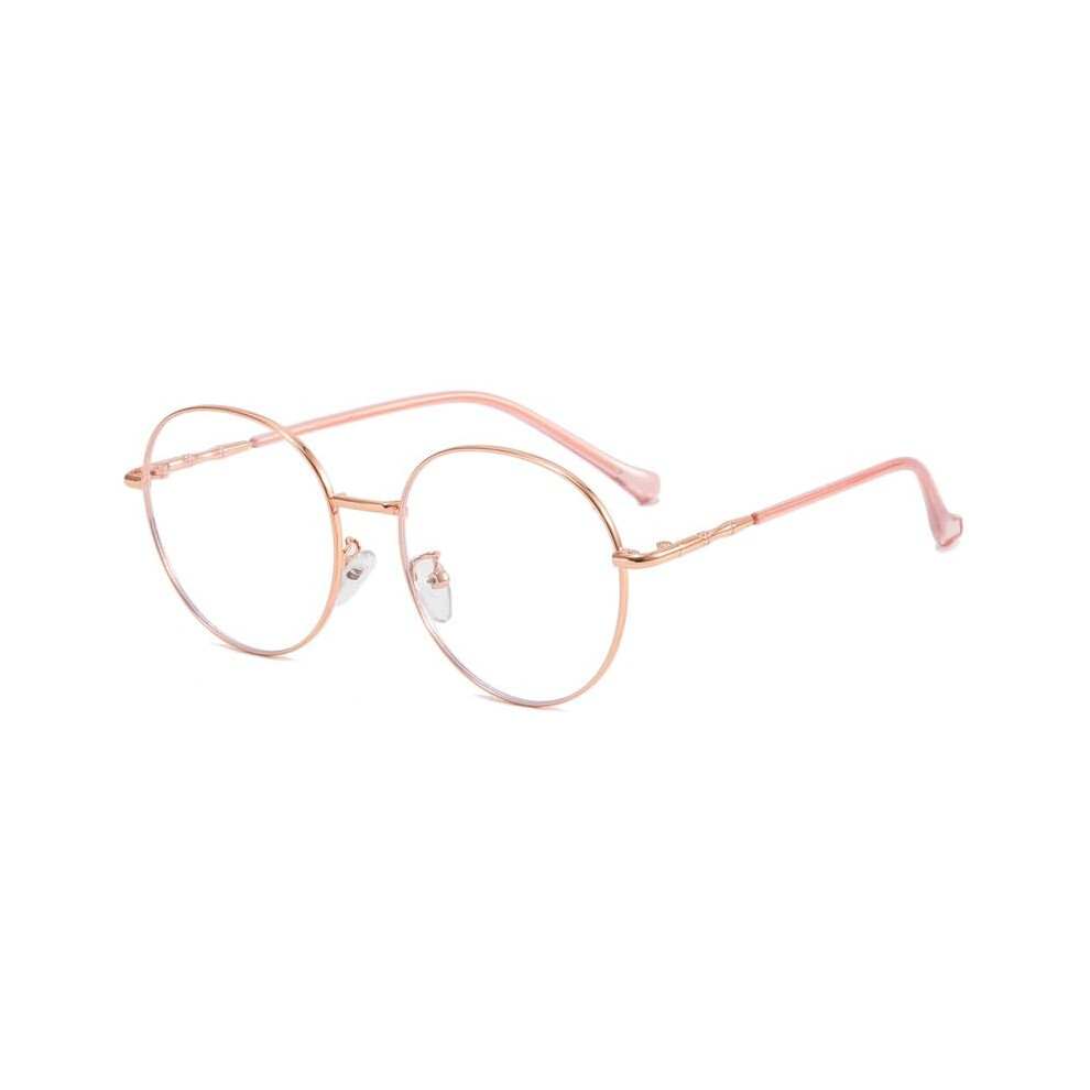Light/Gold Retro Round Computer Reader, Antiblue Fashion Reading Glasses, Antieye Strain, Flat Lens, Mirror Coating, 1.50 Rose