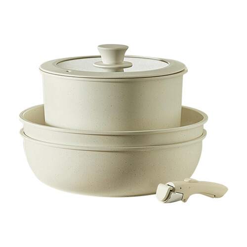 NonStick Cookware Set Induction Cookware Set With Detachable Handle Cream White Pans
