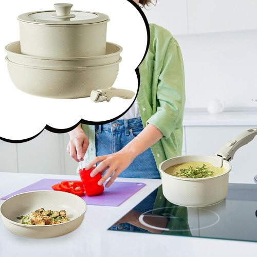 NonStick Cookware Set Induction Cookware Set With Detachable Handle Cream White Pans 2