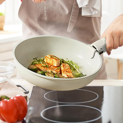 NonStick Cookware Set Induction Cookware Set With Detachable Handle Cream White Pans 1