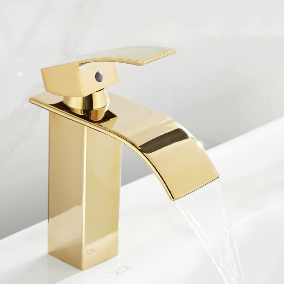 Waterfall Faucet Bathroom Sink Gold Finish Stainless Singlehandle Basin Mixer Tap For Hot And Cold Water Short 9001264444587