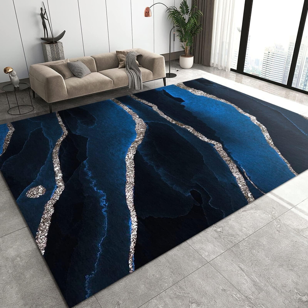 Luxury Navy Blue Marble Area Rugs Indoor Nonslip Kids Rug 120 X 180 Cm Black Starry Silver Lines Print Carpet Blue,Black,Silver