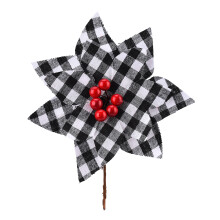 Ornamente artificiale de Crăciun din sârmă de calitate, Poinsettia în carouri Buffalo, cu pudră de sclipici și fructe de pădure roșii, pentru