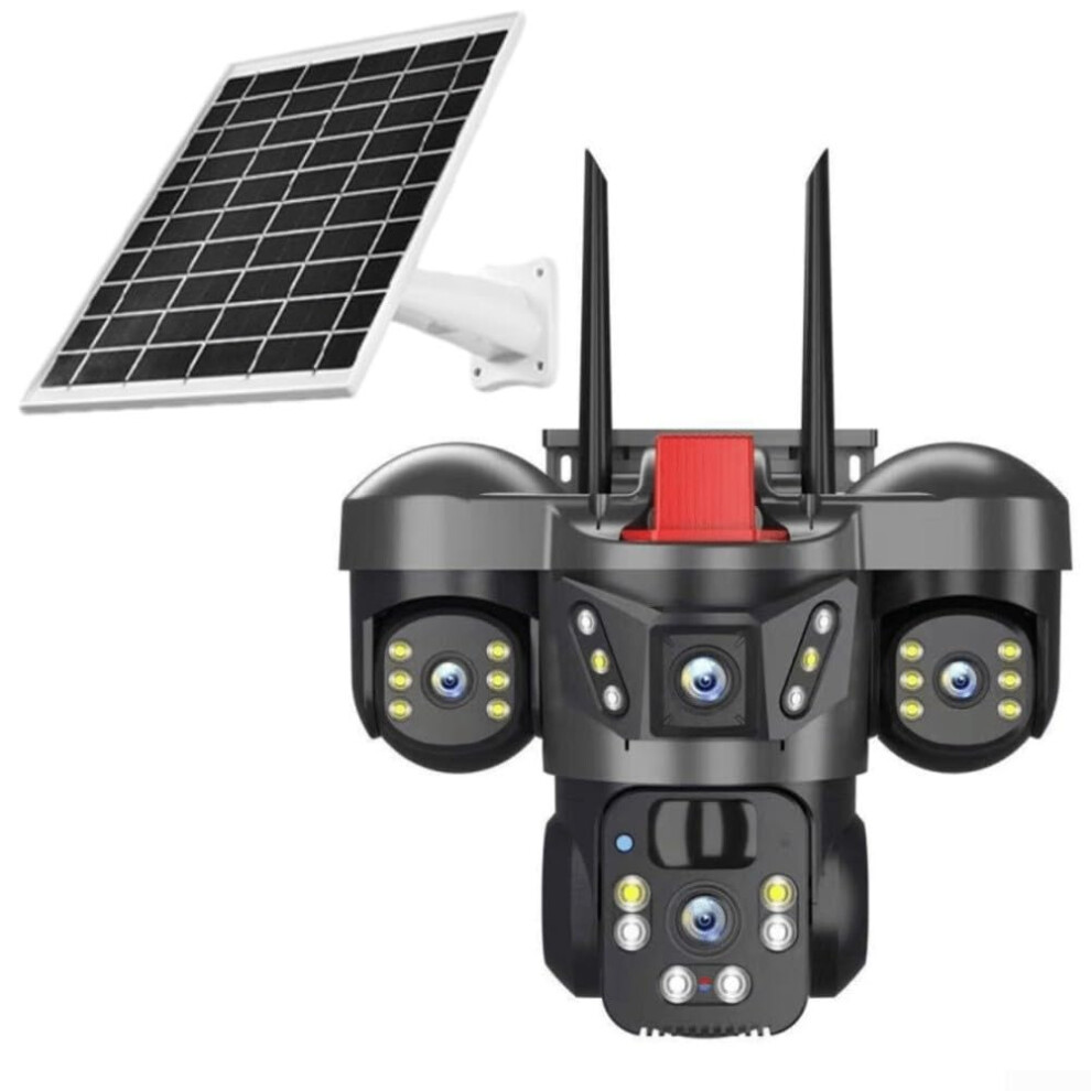 Wireless Outdoor 4K Solar Powered Cctv Camera 360Degree Ptz 3Lens Coverage Pir Motion Detection Ip66 Dual Solar Wifi 9339159776070