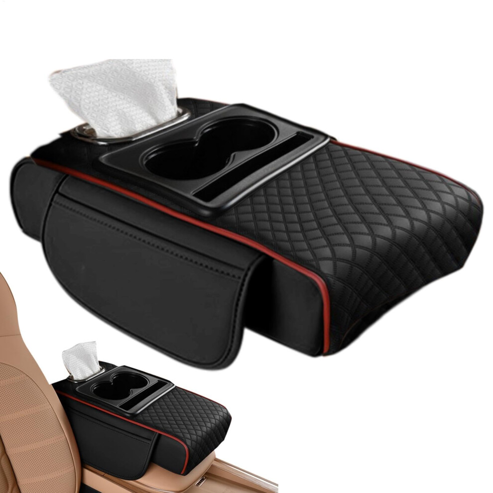 Car Armrest Organizer With Cup Holder, Universal Center Console Cushion Storage Box Black/Red 9339159777428