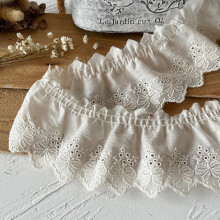 5 Yards Gathered Cotton Lace Trim  Beige, Ruffle Edging, Embroidered Applique Sewing Trim, 5Yard Length