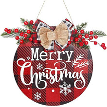 Letrero de Feliz Navidad para la puerta principal, corona de madera natural con bayas artificiales y lazo, decoración navideña de temporada para