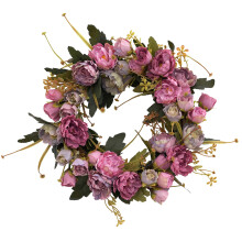 Coroană de bujori artificiali, flori decorative de mătase, 30 x 30 cm, coroană florală lucrată manual, coroană realistă de primăvară și