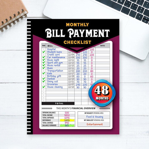 Bill Payment Checklist  Monthly Financial Budgeting Book  Expense Tracker, 4Year Guide 2