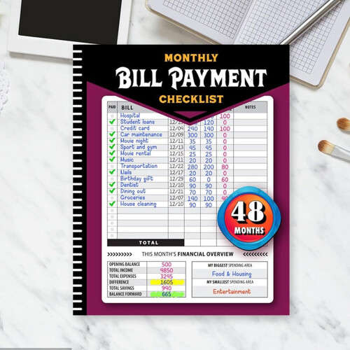 Bill Payment Checklist  Monthly Financial Budgeting Book  Expense Tracker, 4Year Guide 1
