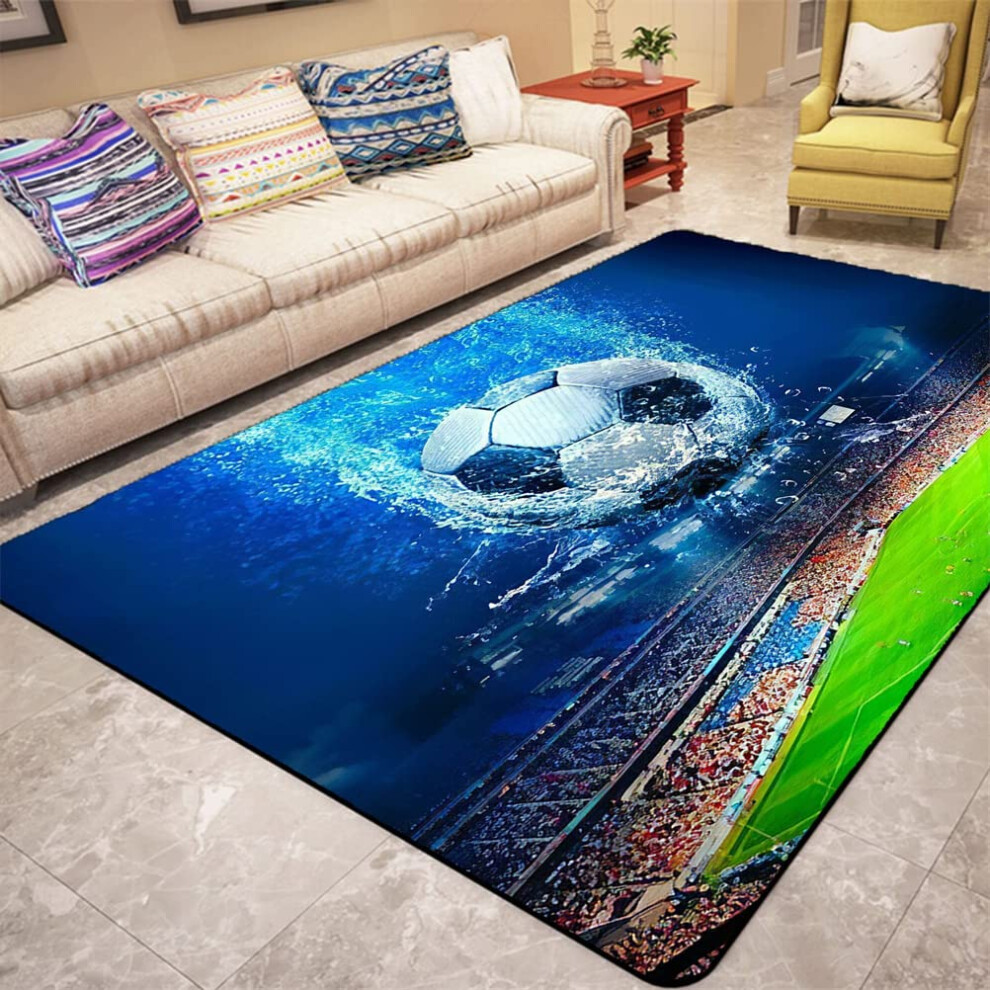 Sport Football Printed Area Rug Flannel, Antislip, Football Field Design, 120X160 Cm, Kids Play Floor Mat Blue/Green